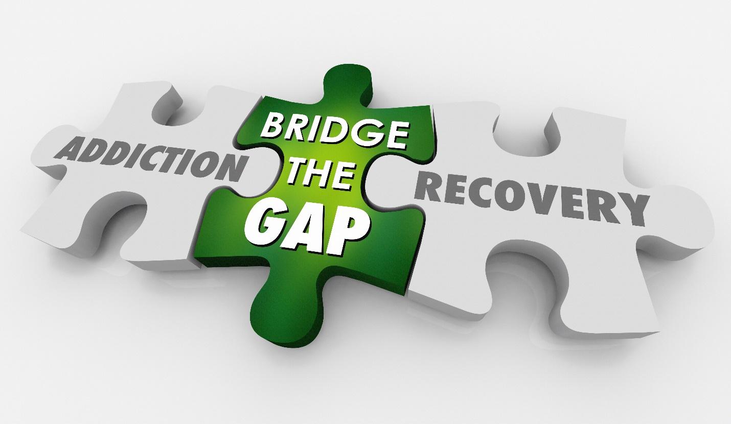 puzzle pieces fit together with the words addiction, bridge the gap, and recovery on them